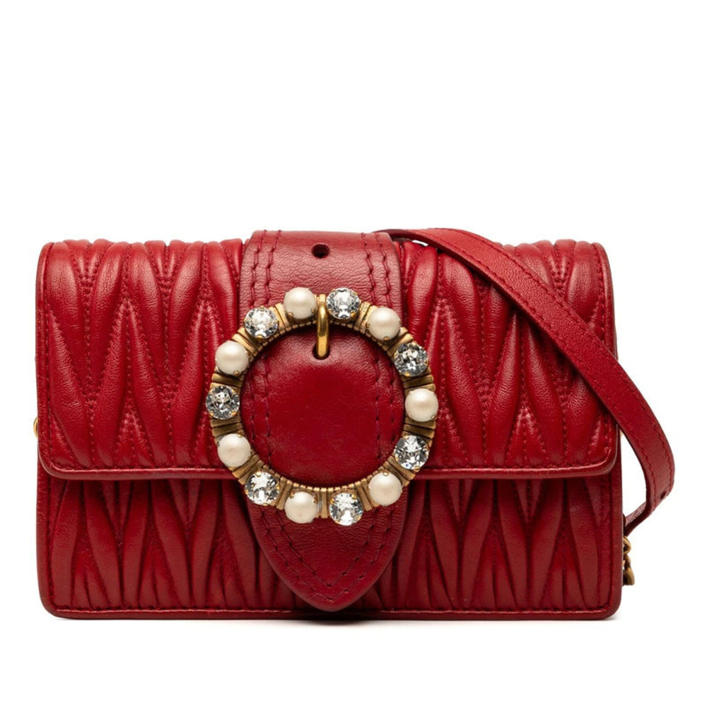 Miu Miu red quilted nappa leather crossbody bag buckle crystals pearls